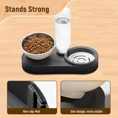 Marchul Stainless Steel Dog Cat Bowls, 15° Tilted Elevated Cat Food and Water Bowl Set with 500ml Gravity Bottle for Small Medium Pets, Leak-Proof