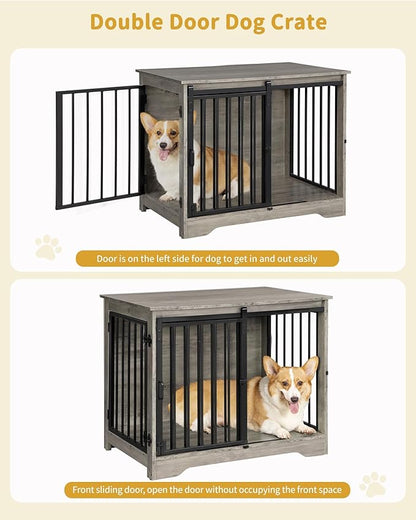Hzuaneri 31.9" Dog Crate Furniture with Barn Door, Heavy Duty Dog Kennel Indoor with 2 Doors, Wooden Pet Cage End Table for Small Medium Dogs up to 44 lb, Anti-Chew Anti-Escape, Greige DFC83605B