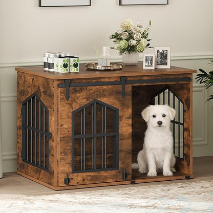 MAHANCRIS Dog Crate Furniture, 31.5" Farmhouse Dog Kennel with Sliding Barn Door, Wooden Dog Cage for Small Medium Dogs, Decorative Pet House Side End Table, Chew-Resistant, Rustic Brown DCHR9601