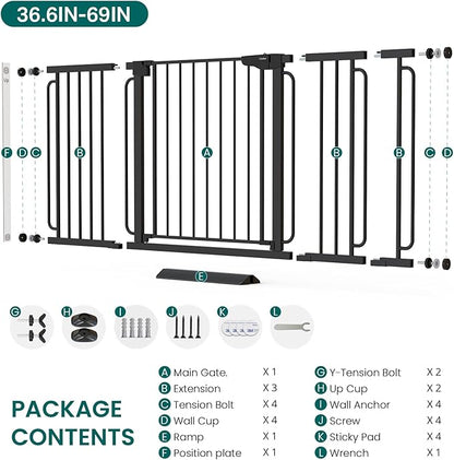 Cumbor Extra Wide Baby Gate, 36.6-69" Walk-Through Dog Gate for Stairs, Doorways & Hallways, 30.5“ Tall, Auto-Close & Dual-Swing Safety Child Gate Indoor, Easy Install Pressure-Mounted Pet Gate, Black