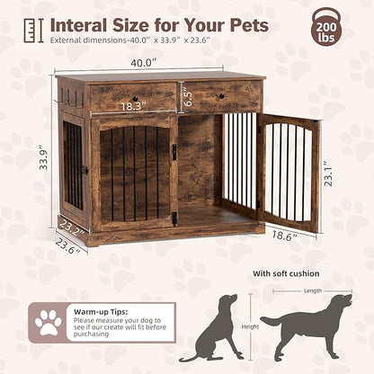 Kucreiheat 40'' Wooden Dog Crate Furniture–Farmhouse Dog Kenel-Multi Purpose Pet House with Double Doors, 2 Drawers, for Small, Medium & Large Dogs–Rustic Brown Finish