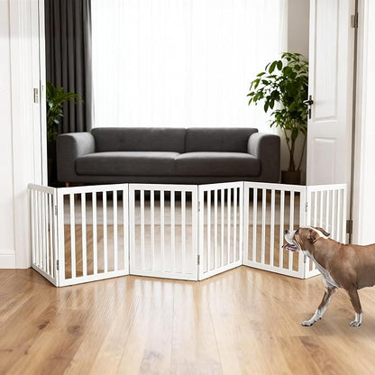ZJSF Freestanding Indoor Dog Gate for House Foldable Wood White Puppy Gate for Doorways Pet Gate for Stairs Extra Wide Pet Fence 24" Height 6 Panels