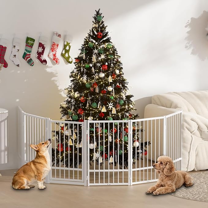 SNUOWU Full Metal Freestanding Dog Gate with Door, 36''Height Foldable Pet Dog Fence for Indoor & Outdoor, 6 Panels Extra Wide Free Standing TallDog Gates for Doorways,House,Stairs,Porch,Deck,Yard