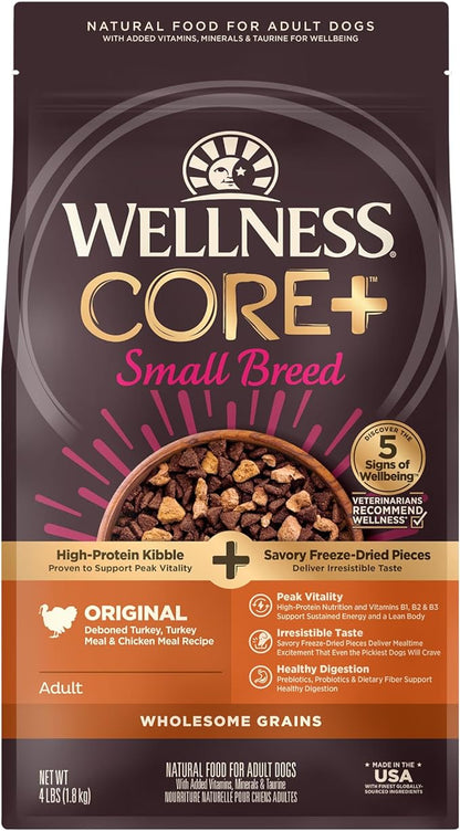 Wellness CORE+ Dry Dog Food with Freeze Dried Pieces, Small Breed, Wholesome Grains, High Protein, Natural, Original Turkey & Chicken Recipe, (4-Pound Bag)