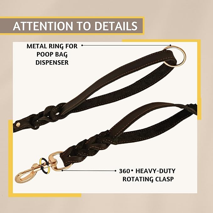 ADITYNA - Double Handle Leather Dog Leash 6ft - Heavy Duty Braided Dog Leash with Traffic Handle for Mastiff, Saint-Bernard, Rottweiler - Lead for Extra-Large Breeds (Black, Two Handles 6 Foot x 1")
