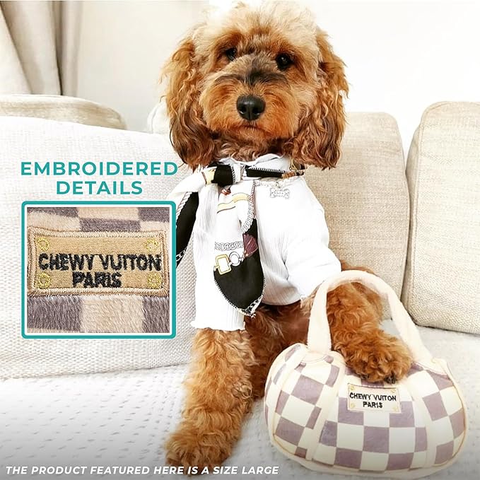 Haute Diggity Dog Chewy Vuiton Bone Ball & Handbag Plush Squeaky Dog Toys, Soft Durable Designer-Inspired Stuffed Puppy Chew Toys for Small & Medium Dogs, Machine-Washable (Tan Checker) One Size 3 Pcs