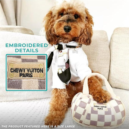Haute Diggity Dog Chewy Vuiton Bone Ball & Handbag Plush Squeaky Dog Toys, Soft Durable Designer-Inspired Stuffed Puppy Chew Toys for Small & Medium Dogs, Machine-Washable (Tan Checker) One Size 3 Pcs