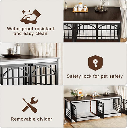 COZPAW 86 Inch Double Dog Crate Furniture, Extra Large Dog Kennel Indoor for 2 Dogs, Heavy Duty Dog Cage with Divider, Wooden Dog House Decorative Table TV Stand for XLarge Dogs (White&Brown)