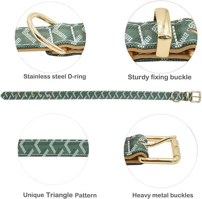 Leather Dog Collar and Leash Set, Check Pattern Dog Collar Leashes Metal Buckle Adjustable Durable for Small Medium Large Dogs (Green, M(11.8-15IN))