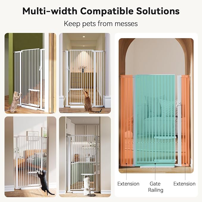 COMOMY 55.1" Extra Tall Pet Gate for Cats, Extra Wide Cat Gate with Adjustable Cat Door, Pressure Mounted Easy Walk Through Pet Gate with Door for Stairs, Doorways, Kitchen(White, 29.5-40.6")