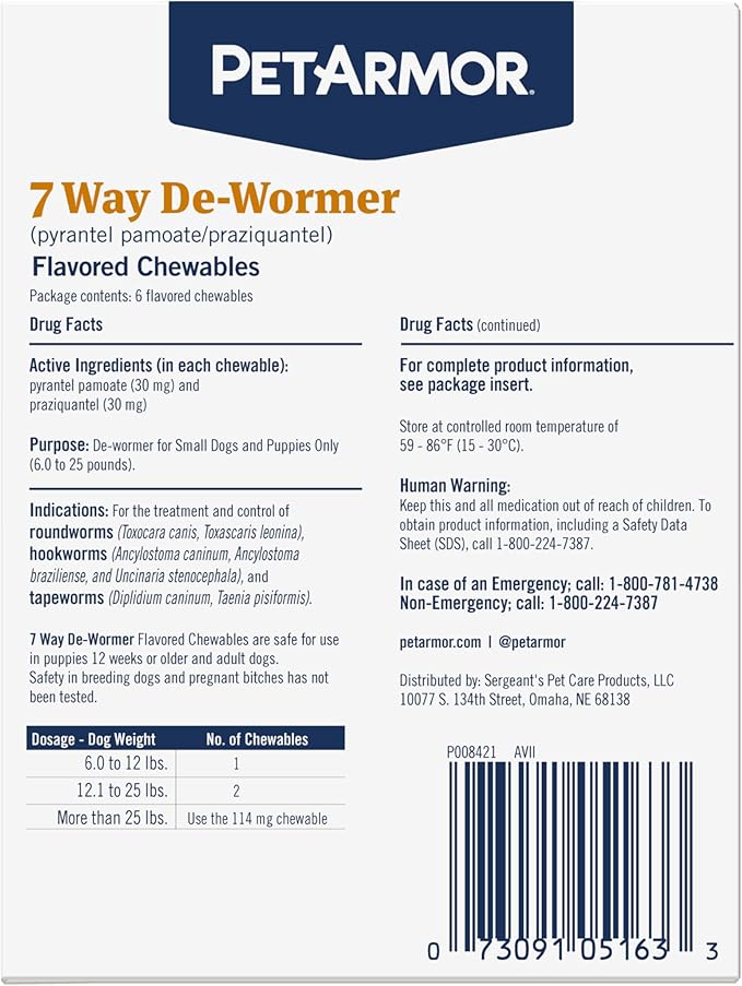 PetArmor 7 Way De-Wormer for Dogs, Oral Treatment for Tapeworm, Roundworm & Hookworm, Small Dog Dewormer (6-25 lbs) with Praziquantel & Pyrantel Pamoate, 6 Flavored Chewables