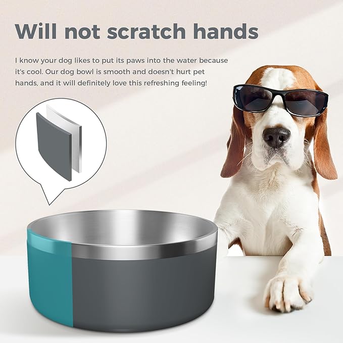 WENBOKMIN Dog Bowl, Stainless Steel Dog Food and Water Bowl with Non Slip Quiet Bottom, Easy to Clean, Dishwasher Safe, 64oz, Deep Grey