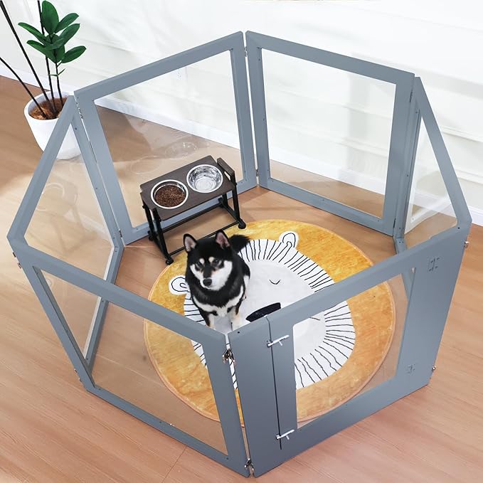 Heavy Duty Clear Acrylic Dog Playpen, 32" Height Transparent Pet Pen, Metal Frame Easy Assemble Kennel Enclosure, Ideal for Small to Medium Dogs, Cats, and Other Small Pets (Grey, 6 Panels with Door)