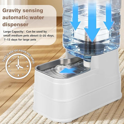 1.6 Gallon Pet Automatic Dog Water Dispenser Cat Gravity Waterer Feeder with Stainless Steel Bowl Large Capacity Puppy Feeding Raised Bowls with Filter,Ice Pack (White, 6L(1.6 Gallon))