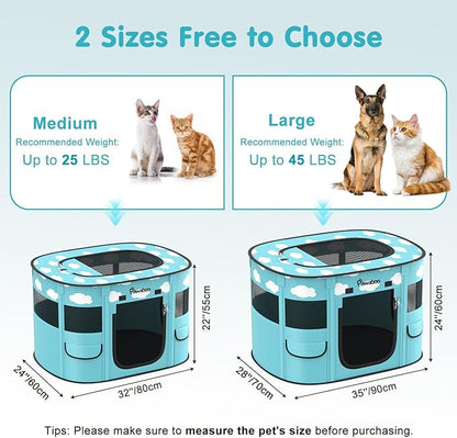 Dog Playpen, Portable Pet Cat PlayPen, 600D Oxford Dog Kennel Tent Crate, Waterproof&Breathable, Indoor Outdoor Travel Camping for Medium/Large Breed with Carrying Case+Bowl(M), Blue + White Clouds