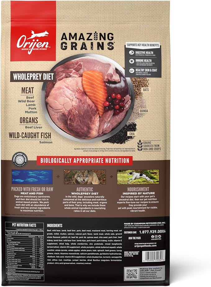 ORIJEN Amazing Grains High Protein Dry Dog Food Regional Red Recipe 22.5lb Bag