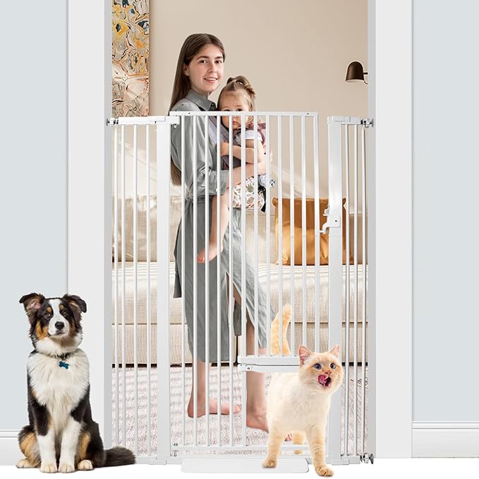 SHYUJAJIE 55 Inch Extra Tall Pet Gate with Small Cat Door, 29.55"-40.55" Adjustable Wide Dog Gate, Tall Cats Gates for Doorway, Stairs, House(White)