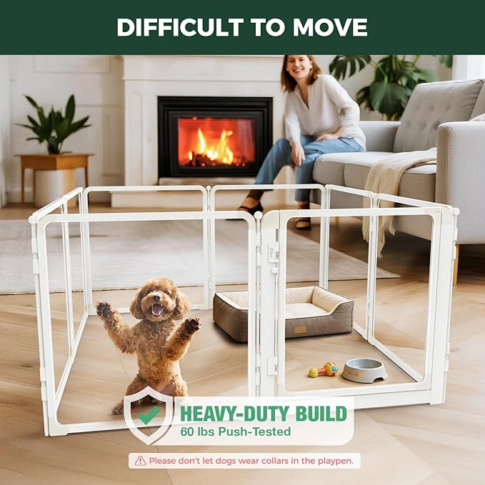 FXW AuraSpace Pro Acrylic Indoor Dog Playpen, Heavy-Duty with Metal Frame, 24" Height 8 Panels for Puppies & Small Dogs, White│Patented