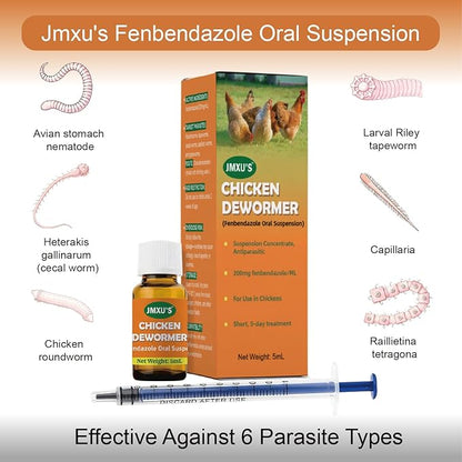 Jmxu's Chicken Dewormer Fenbendazole Oral Suspension, Chicken Antiparasitic,Safe for All Chicken Ages,5 ml