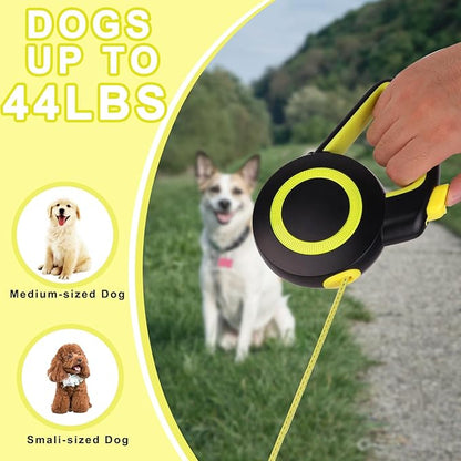 Retractable Dog Leash,Night Reflection,Light Weight Leash for Small to Medium Dogs/Cats,Stainless Steel Spring,Strong Nylon Tape, One-Handed Brake (Black-Yellow)