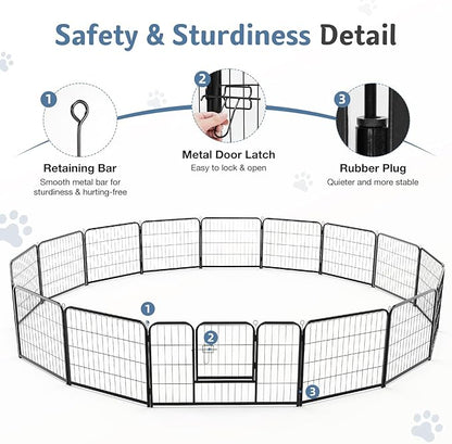 DUMOS Dog Playpen Indoor, Metal 32 Inch 16 Panels Foldable Pet Fence with Door, Outdoor Small Medium Large Dog Puppy Portable Exercise Play Pen for RV Camping, Trips, Play Yard