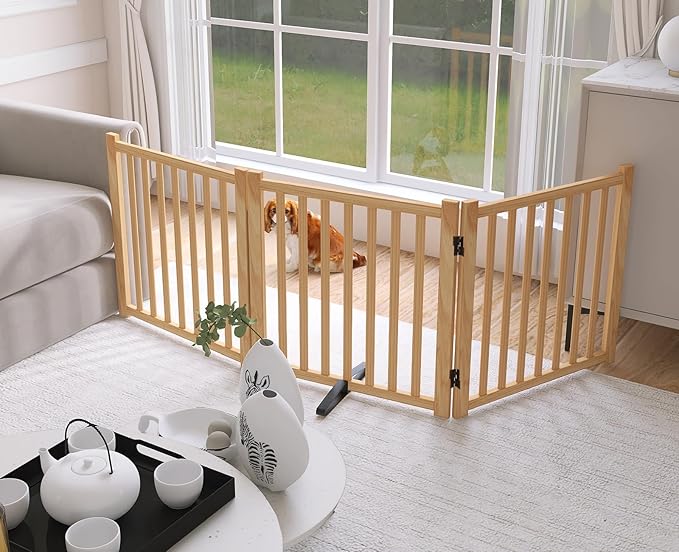 YOCAN Paint-Free Wooden Freestanding Dog Gates for The House,Doorways, Stairs,Wood Dog Fences Indoor Pet Gate,Step Over Fence-3 Panels L:69" H:23"
