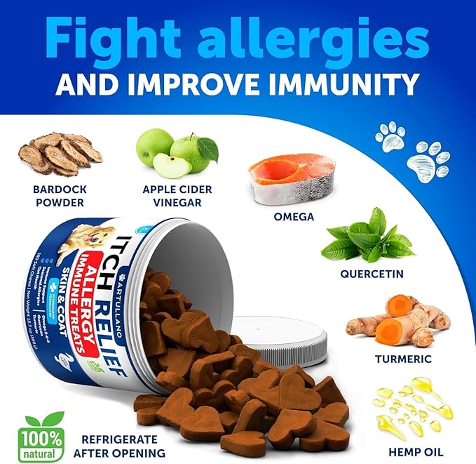 Dog Allergy Relief Chews - Itching Skin Relief for Dogs - 180 Soft Treats - Fish Oil - Omega 3 - Seasonal Allergies Pills - Skin & Coat, Anti Itch,Hot Spots Treatment - Canine Immune Health Supplement