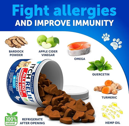 Dog Allergy Relief Chews - Itching Skin Relief for Dogs - 180 Soft Treats - Fish Oil - Omega 3 - Seasonal Allergies Pills - Skin & Coat, Anti Itch,Hot Spots Treatment - Canine Immune Health Supplement
