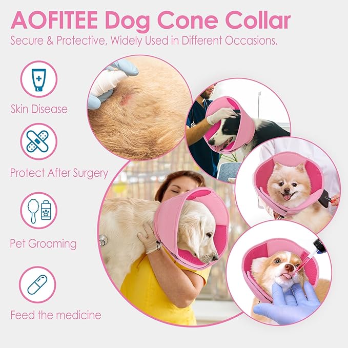 AOFITEE Dog Cone - Soft Cones Dog After Surgery, Comfy Cones for Dogs to Stop Licking, Adjustable Small Dogs Cone Collar for Wound Healing, Elizabethan Pet E-Collar, Pink Small