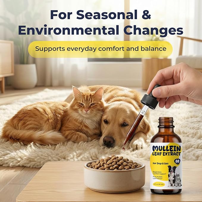 Mullein Drops for Dogs & Cats, Mullein Leaf Extract Liquid with Chlorophyll, Respiratory Comfort & Breathing Support, Pet Cough Support Drops, Herbal Liquid Supplement, 2 fl oz (60 mL)