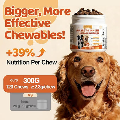 Dog Allergy Chews with Feeding Tweezers, Dog Probiotics for Itchy Skin and Ears, Bovine Colostrum, Lactoferrin and Multivitamins to Ssupport Immune Health for All Ages/Breeds, Chicken, 120 ct/300g