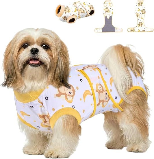 PetWarm Surgical Suit for Dogs Female, Recovery Suit for Dogs After Surgery, Dog Recovery Collars and Cones Alternative Dog Abdominal Wounds Bandages, Monkey Pattern, Yellow, XS