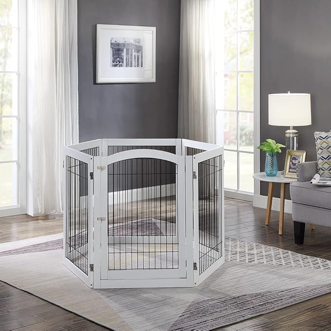 unipaws 144" Extra Wide Dog Gate and Pet Playpen, Free Standing Tall Dog Fence with Walk Through Door, Barriers for Home, Use as Indoor Dogs Cats Pen, Rabbit Pen, White