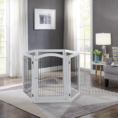 unipaws 144" Extra Wide Dog Gate and Pet Playpen, Free Standing Tall Dog Fence with Walk Through Door, Barriers for Home, Use as Indoor Dogs Cats Pen, Rabbit Pen, White