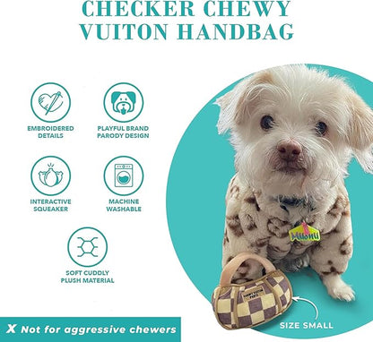 Haute Diggity Dog Chewy Vuiton Handbag Plush Squeaky Dog Toy, Soft Durable Designer-Inspired Stuffed Puppy Chew Toys for Small & Medium Dogs, Machine-Washable (Tan Checker) Large
