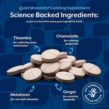 NaturVet Quiet Moments Calming Aid Melatonin Dog Supplement - Helps Reduce Stress in Dogs - for Pet Storm Anxiety, Motion Sickness, Grooming, Separation, Travel - 30 Ct. Tablets