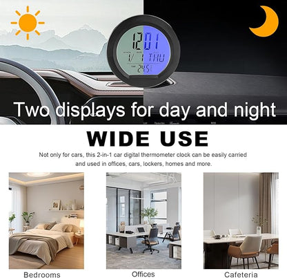 Car Digital Thermometer Clock, Solar Powered Dashboard Clock with Automatic Backlight, 24 Hour Format Time, Temperature, Calendar for Car Truck Home