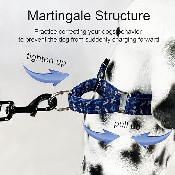 Martingale Collar for Dogs with Buckle Shark Dog Collar Adjustable Soft Nylon Boy Dog Collars for Large Dogs, Deep Blue Shark