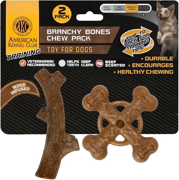 American Kennel Club 2 Pack Training Dog Chew Toy, Wood-Infused PP Assorted Dog Toys, Durable Dog Toys for Moderate Chewers, Beef Scented for Long-Lasting Engagement, Supports Dental Health