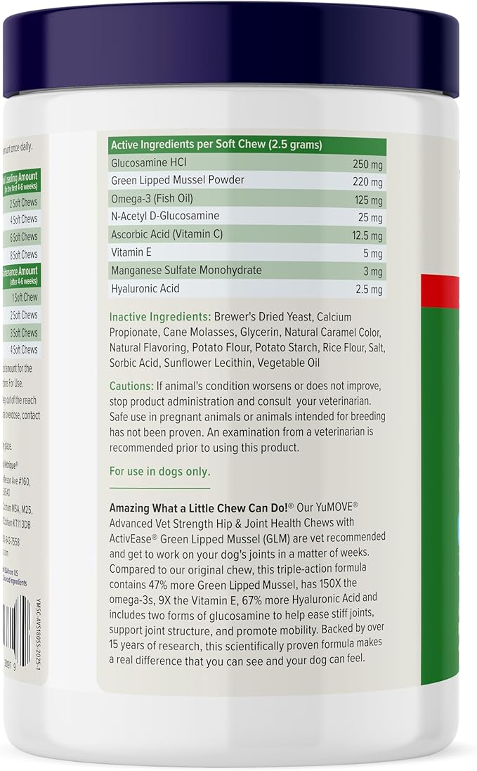 YuMOVE Hip & Joint Supplement for Dogs with Glucosamine, Hyaluronic Acid, Green Lipped Mussel & Omega 3 Joint Supplement - Regular or Advanced Strength (180ct Chews, Advanced Strength)