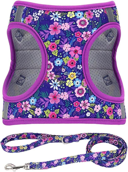 Moonpet Step in Dog Harness Leash Set- All Weather Reflective No-Pull Floral Pattern Padded Mesh Vest Harness for Cats Puppy Extra-Small Small Medium Large Dogs - Dark Flower - S