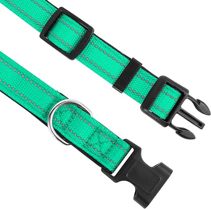 Reflective Dog Collar, Adjustable Soft Neoprene Padded Nylon Pet Collars with Buckle for Medium Dogs, Grass Green,M