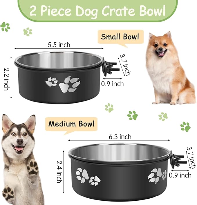 Kathson 2 Pack Dog Kennel Stainless Steel Crate Bowl, No Spill, Hanging Metal Pet Food Bowl Feeder for Cats Small Medium Dogs (Black)
