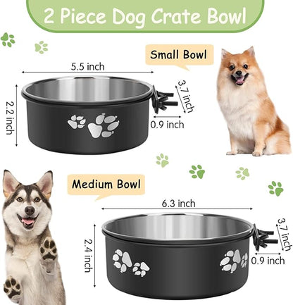 Kathson 2 Pack Dog Kennel Stainless Steel Crate Bowl, No Spill, Hanging Metal Pet Food Bowl Feeder for Cats Small Medium Dogs (Black)