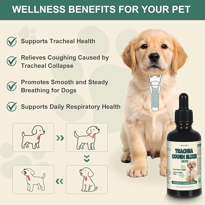 Collapsed Trachea Treatment for Dogs, Cough for Dogs, Trachea Cough Elixir, Natural Herbal Supplements Relieves Cough and Helps Soothe the Throat (2 FL OZ)