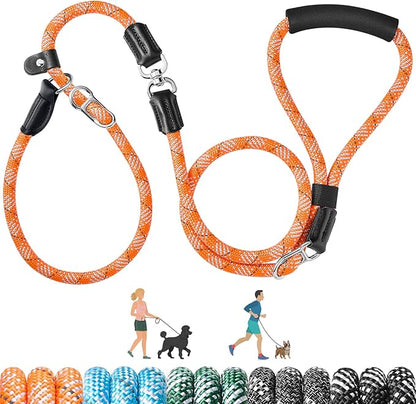 SlowTon Slip Lead for Dogs - Hands Free No Tangle Adjustable 4-6 FT 1/2” Rope, Heavy Duty Nylon Leash for Large Medium Dogs that Pull, No Pull Training Slip Leashes, 20-120lb, Orange
