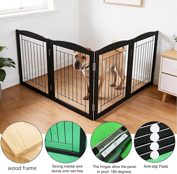 ZJSF Freestanding Foldable Dog Gate for House Extra Wide Wooden Black Indoor Puppy Gate Stairs Dog Gates Doorways Tall Pet Gate 4 Panels Fence