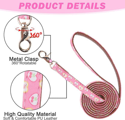 EXPAWLORER Valentine's Day Dog Collar and Leash Set - Pink Heart Dog Bow Tie and Dog Bandana Collar with Bell, Dog Leash Tangle Free, Adjustable Collars for Small Dogs Cats, Holiday Ideal Gift, S