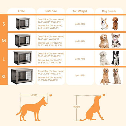 Shintenchi Wooden Dog Crate Furniture for Large Breed, L Double-Door Kennel Indoor with Removable Tray, End Table L Dog Crate for Decoration, 38.6" L, Grey