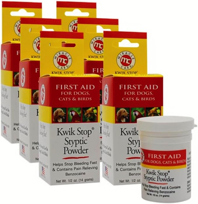 Miracle Care Kwik Stop Styptic Powder for Dogs, Cats and Birds, 0.5 Ounce (Pack of 6), Fast Acting Blood Stop Powder with Pain Relieving Benzocaine